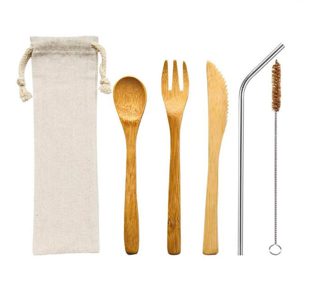 Bamboo Cutlery Set with Stainless Steel Straw